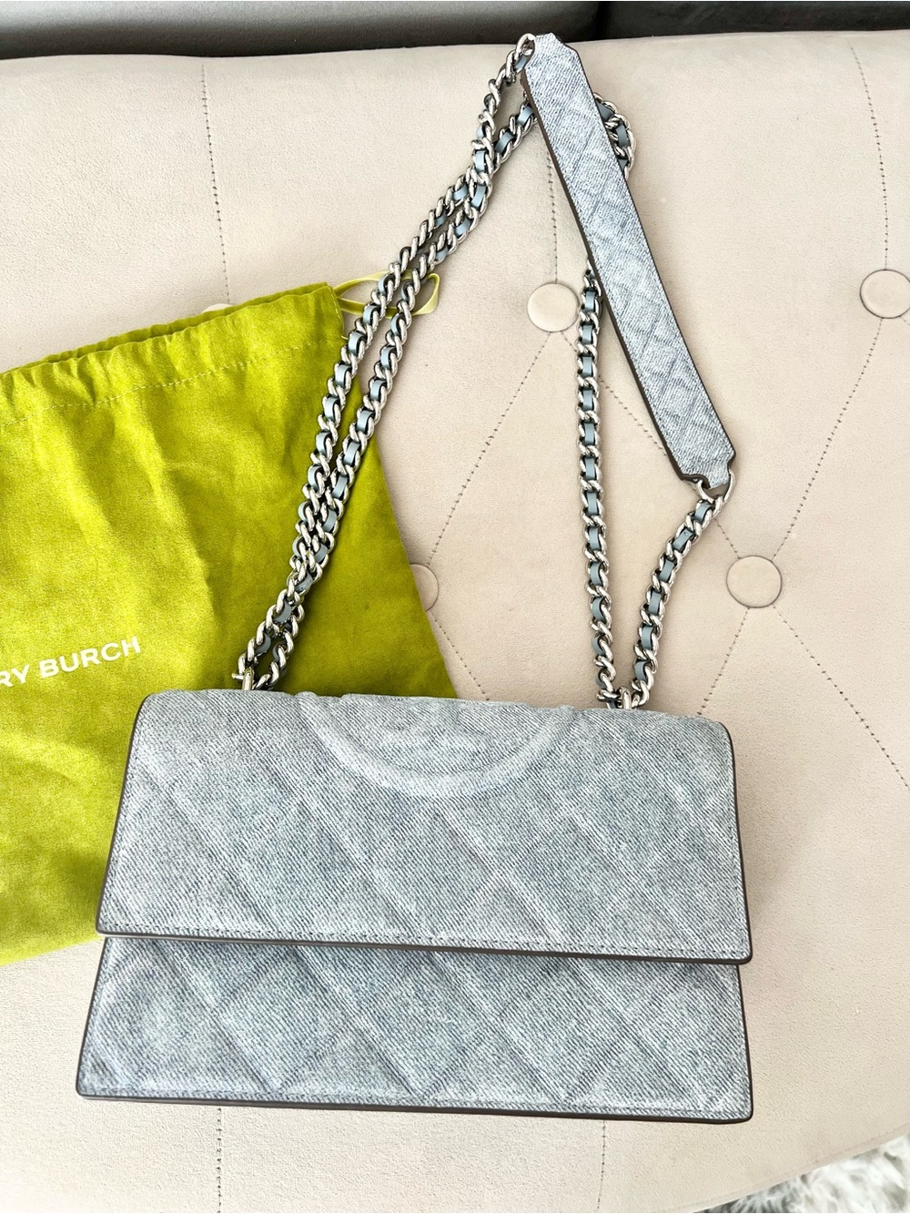 Tory Burch Fleming Denim in Medium Denim Wash with Silver Chain Strap